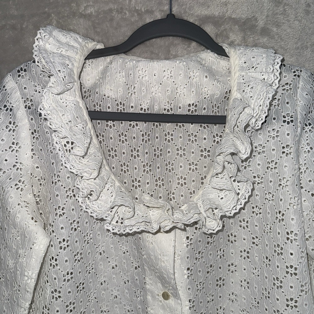 Women's VTG 70s Victorian Style Coquette White Ruffled Sheer Lace Blouse Large - Picture 4 of 11